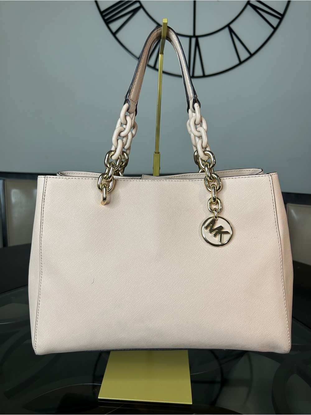 Michael Kors Cynthia Medium Saffiano Leather Tote Bag Powder Pink Chain Charm